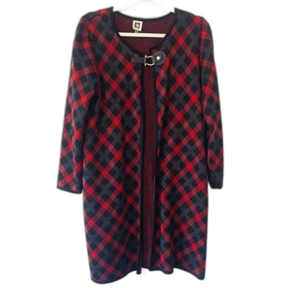 Red/Black Diagonal Plaid Long Sleeve Duster Cardigan Size M Classic Elegant - Picture 1 of 8
